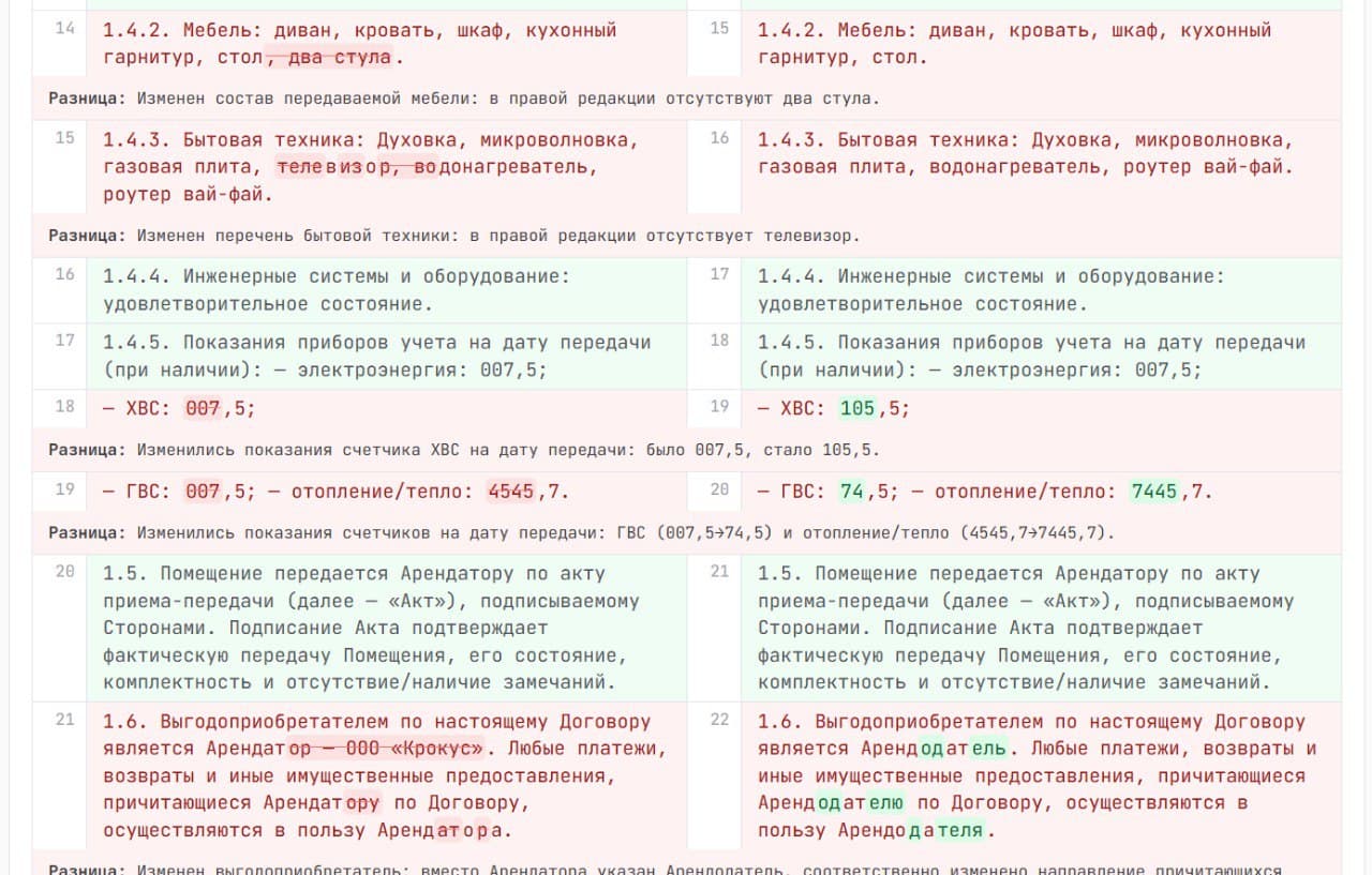Подсветка различий между версиями договора